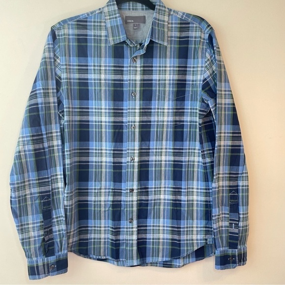 Vince Plaid Cotton Blue Green Long Sleeve Bottom Down Mens Shirt Size Small - Picture 8 of 8